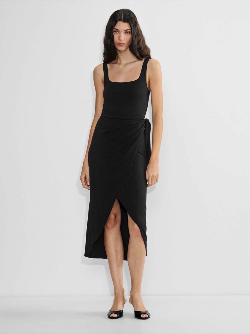 Wilfred Black Sleeveless Wrap-Front Midi Dress- XS